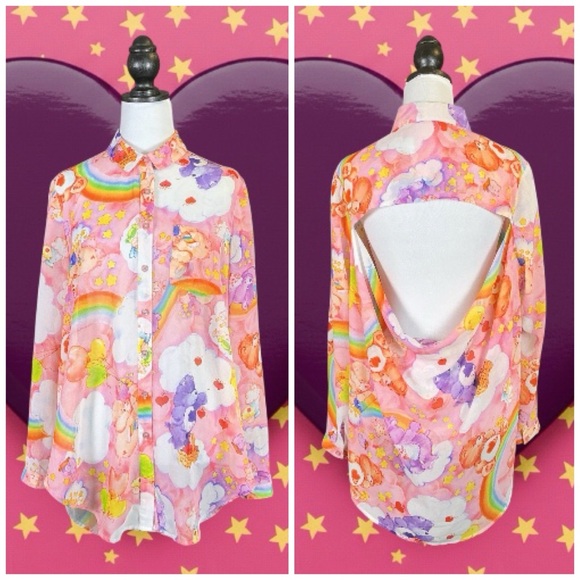 Iron Fist Tops - Iron Fist x Care Bears Pastel Pink Rainbow Sheer Open Back Long Sleeve Top L